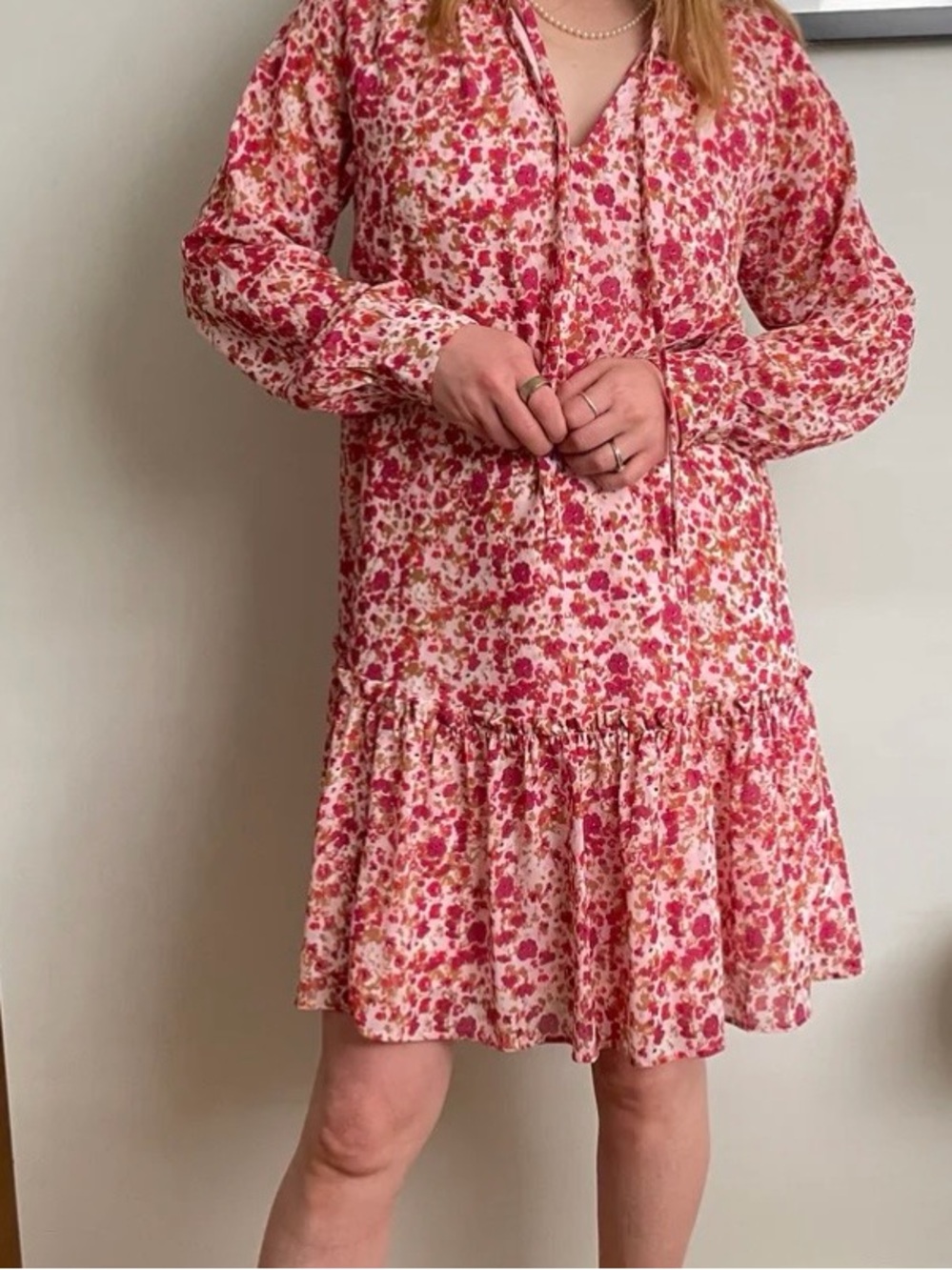 🩷 J.Crew Factory Floral Tie-Neck Long Sleeve Dress - Pink Multi Floral Small
